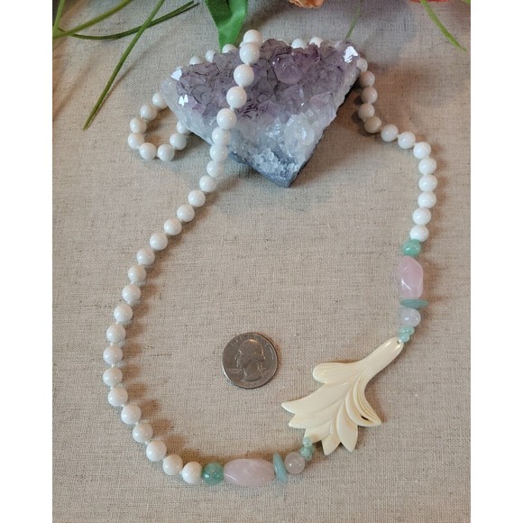 Vintage Rose Quartz Green White Jade Carved Flower Blossom Knotted Necklace Lei - Picture 4 of 5